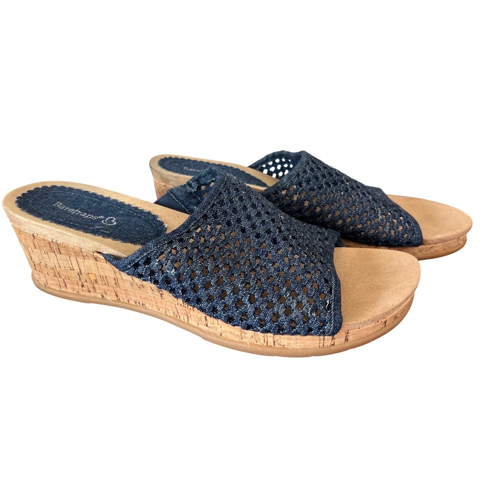 Baretraps Womens Blue Woven Lattice Wedge Slide Sandals Size 10M Cork Heel